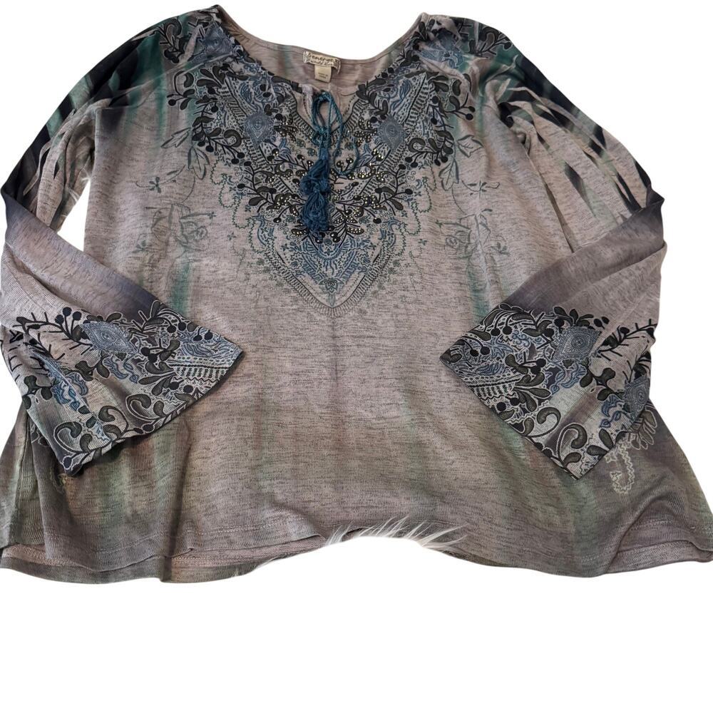 Boho Embroidered Tunic Top - Grey with Blue Accent.  No Tassel